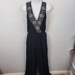 Forever 21 Womens Jumpsuit Size Small S Black Chiffon Wide Leg Embroidered /A159